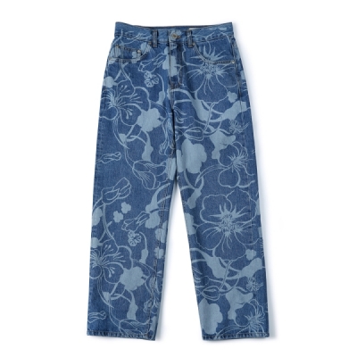 Floral Laser Denim Pants (Light Blue)