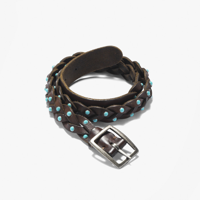 TWISTED LEATHER BELT WITH TURQUOISE PEARLS BROWN