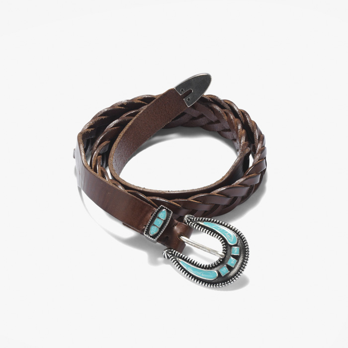 TWISTED LEATHER BELT WITH TURQUOISE BUCKLE BROWN
